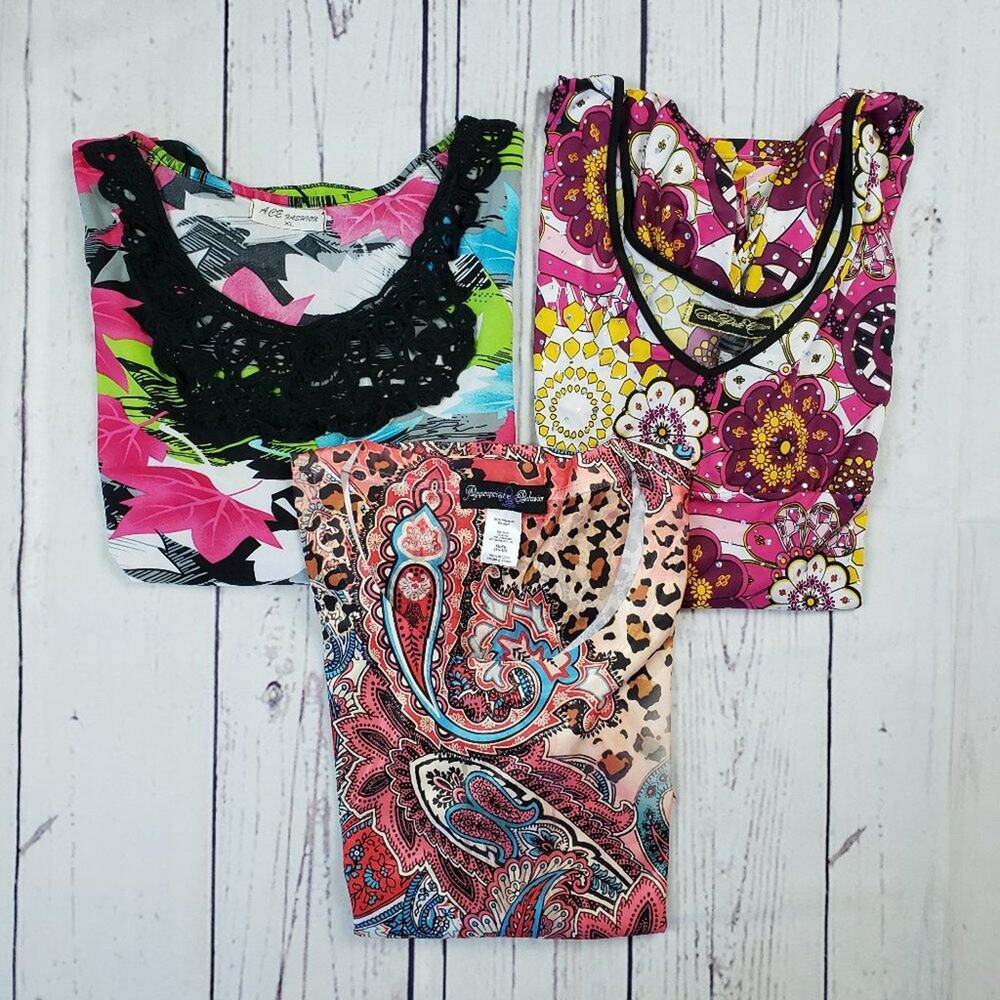 Lot of 3 Bold Bright Neon Printed Colorful Blouses Women's Size XL